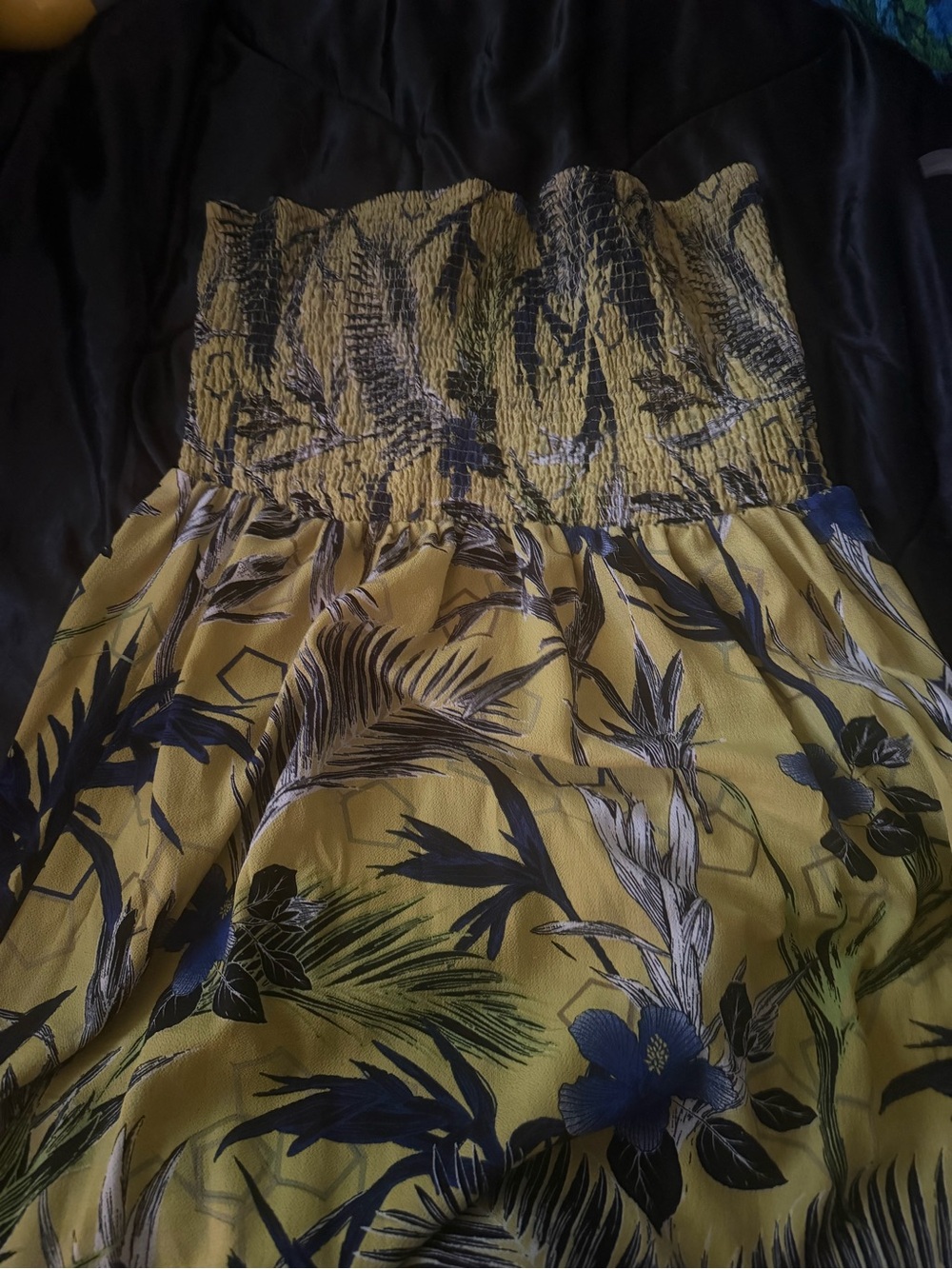 Smocked Yellow Floral Maxi Dress with Navy Tropical Print